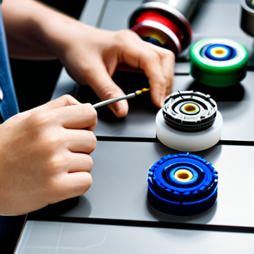 A focused young adult, fully clothed in modest casual wear, meticulously assembling a Beyblade on a clean, well-lit workbench. Various colorful Beyblade parts are neatly organized around them, highlighting intricate details of the components. The scene captures the person's concentrated expression and the precision of their actions. Professional photography, soft studio lighting, high resolution, detailed, safe for work, appropriate content, fully clothed, professional, perfect anatomy, correct proportions, natural pose, well-formed hands, proper finger count, natural body proportions, family-friendly.