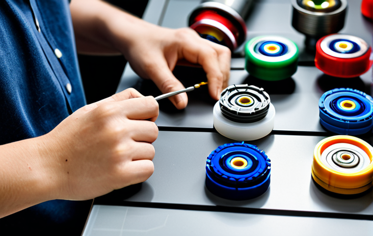 A focused young adult, fully clothed in modest casual wear, meticulously assembling a Beyblade on a clean, well-lit workbench. Various colorful Beyblade parts are neatly organized around them, highlighting intricate details of the components. The scene captures the person's concentrated expression and the precision of their actions. Professional photography, soft studio lighting, high resolution, detailed, safe for work, appropriate content, fully clothed, professional, perfect anatomy, correct proportions, natural pose, well-formed hands, proper finger count, natural body proportions, family-friendly.