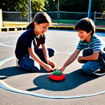 A group of children, around 10-12 years old, fully clothed in modest and appropriate casual attire from the late 1990s, are intensely focused on a Beyblade battle. One child is actively launching a classic, simple Beyblade with a rope launcher, while others watch with excitement. The Beyblades are spinning rapidly in a makeshift arena, possibly a worn plastic basin or a chalk circle on a sun-drenched, slightly dusty asphalt playground. The scene captures the raw energy and joy of childhood competition, with visible motion blur on the spinning tops. The overall image has a nostalgic, warm, and authentic feel of professional photography. Perfect anatomy, correct proportions, natural pose, well-formed hands, proper finger count, natural body proportions, safe for work, appropriate content, fully clothed, family-friendly.