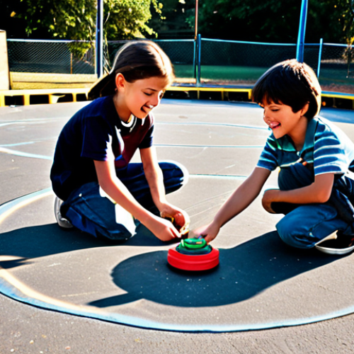 A group of children, around 10-12 years old, fully clothed in modest and appropriate casual attire from the late 1990s, are intensely focused on a Beyblade battle. One child is actively launching a classic, simple Beyblade with a rope launcher, while others watch with excitement. The Beyblades are spinning rapidly in a makeshift arena, possibly a worn plastic basin or a chalk circle on a sun-drenched, slightly dusty asphalt playground. The scene captures the raw energy and joy of childhood competition, with visible motion blur on the spinning tops. The overall image has a nostalgic, warm, and authentic feel of professional photography. Perfect anatomy, correct proportions, natural pose, well-formed hands, proper finger count, natural body proportions, safe for work, appropriate content, fully clothed, family-friendly.