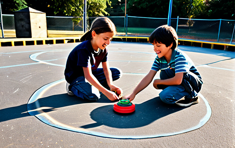 A group of children, around 10-12 years old, fully clothed in modest and appropriate casual attire from the late 1990s, are intensely focused on a Beyblade battle. One child is actively launching a classic, simple Beyblade with a rope launcher, while others watch with excitement. The Beyblades are spinning rapidly in a makeshift arena, possibly a worn plastic basin or a chalk circle on a sun-drenched, slightly dusty asphalt playground. The scene captures the raw energy and joy of childhood competition, with visible motion blur on the spinning tops. The overall image has a nostalgic, warm, and authentic feel of professional photography. Perfect anatomy, correct proportions, natural pose, well-formed hands, proper finger count, natural body proportions, safe for work, appropriate content, fully clothed, family-friendly.