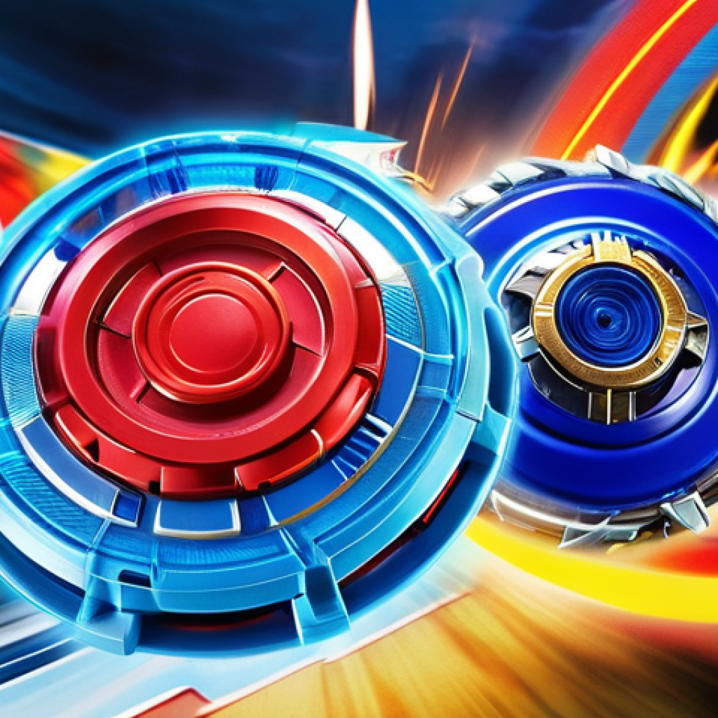 베이블레이드 버스트 모드 특징 - **Prompt:** A dynamic, close-up shot of two Beyblades, one an aggressive red Attack type with sharp ...