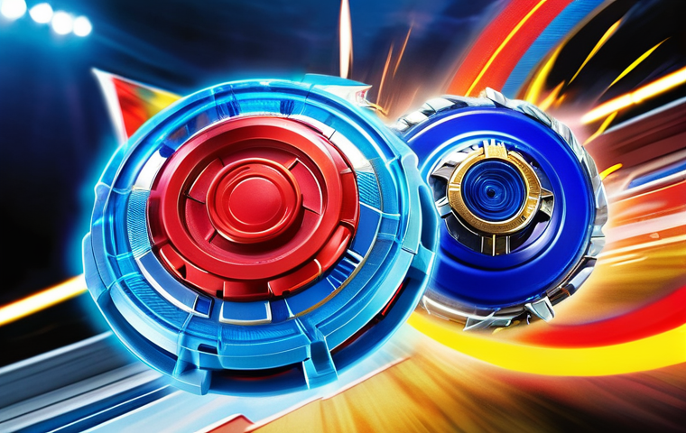 베이블레이드 버스트 모드 특징 - **Prompt:** A dynamic, close-up shot of two Beyblades, one an aggressive red Attack type with sharp ...