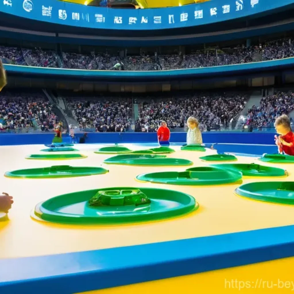 베이블레이드와 친환경 소재 사용 논의 - **Prompt 1: Eco-Friendly Beyblade Tournament**
A group of diverse Russian children, aged 8-12, a...