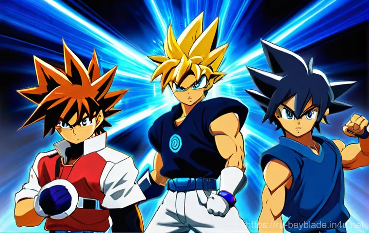 베이블레이드 시즌별 주요 스토리 요약 - **Prompt for Bakuten Shoot Era (Nostalgic Childhood Play):**
    "A group of diverse children, appro...