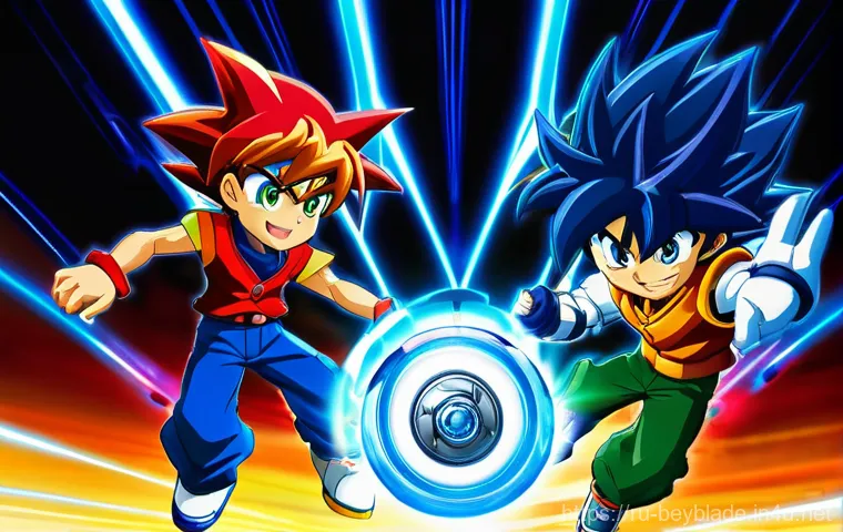 베이블레이드 시즌별 주요 스토리 요약 - **Prompt for Metal Saga Era (Intense Metallic Battle):**
    "Two teenage Beybladers, around 14-17 y...
