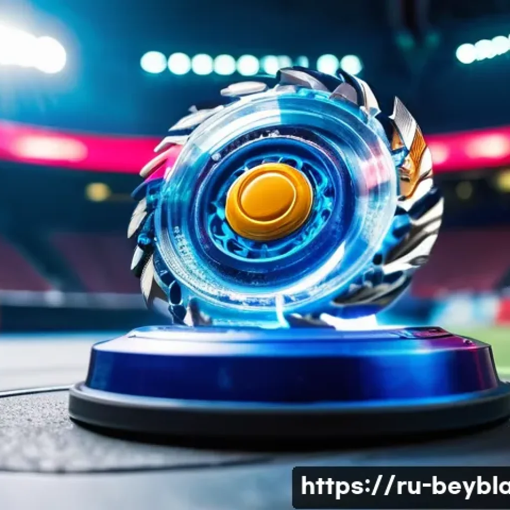 베이블레이드 플레이 팁과 트릭 - A detailed close-up of a balanced Beyblade spinning fiercely on a smooth arena surface, showcasing i...