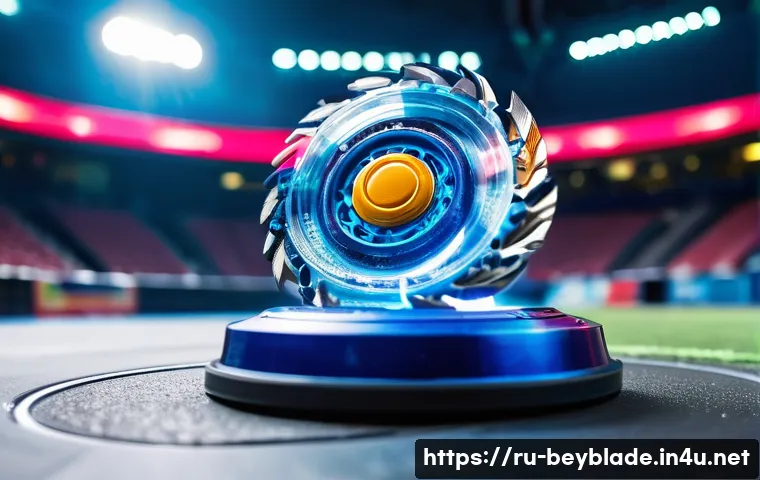 베이블레이드 플레이 팁과 트릭 - A detailed close-up of a balanced Beyblade spinning fiercely on a smooth arena surface, showcasing i...
