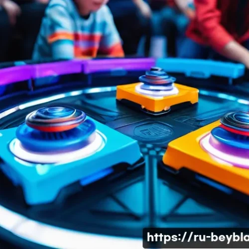 Home 26 베이블레이드와 스피닝토이 시장 비교 - A detailed close-up of a modern Beyblade battling arena featuring two high-tech Beyblades made from ...
