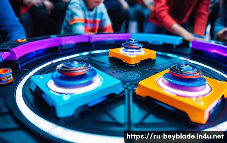 베이블레이드와 스피닝토이 시장 비교 - A detailed close-up of a modern Beyblade battling arena featuring two high-tech Beyblades made from ...