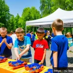 Home 19 베이블레이드 커뮤니티 활동 추천 - A vibrant scene of a friendly Beyblade community gathering in a modern Moscow park during a sunny af...