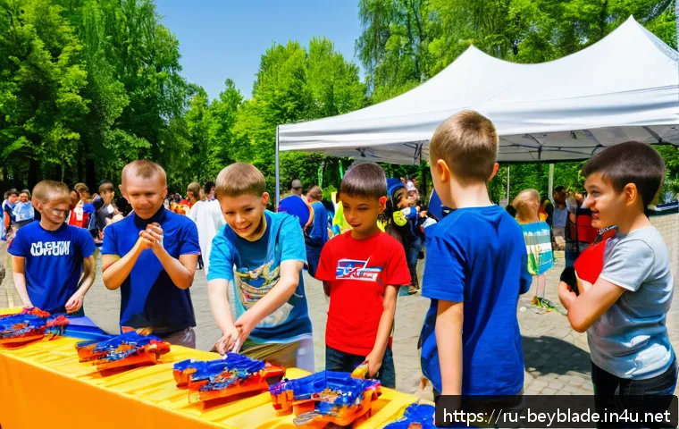 베이블레이드 커뮤니티 활동 추천 - A vibrant scene of a friendly Beyblade community gathering in a modern Moscow park during a sunny af...