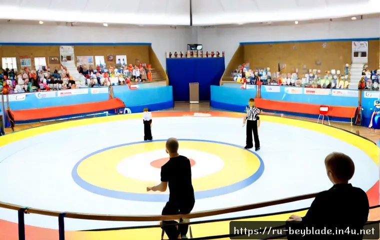 Home 17 베이블레이드 챔피언십 운영 방식 - Photorealistic youth spinning-top championship in a bright Russian community sports hall, two compet...