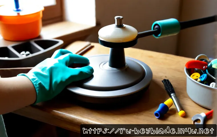 베이블레이드 제품 복원 방법 - Photorealistic close-up of a child-safe spinning top toy restoration workspace in a cozy Russian apa...